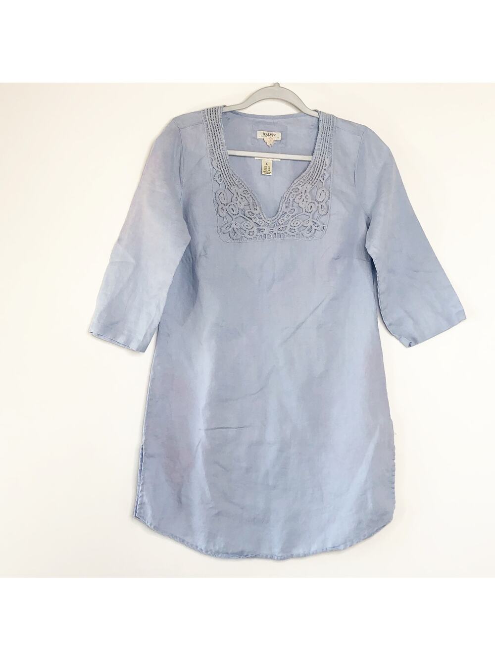 Malvin Linen Tunic Top Large 10 Blue Crochet Detail Elbow Sleeve Germany
